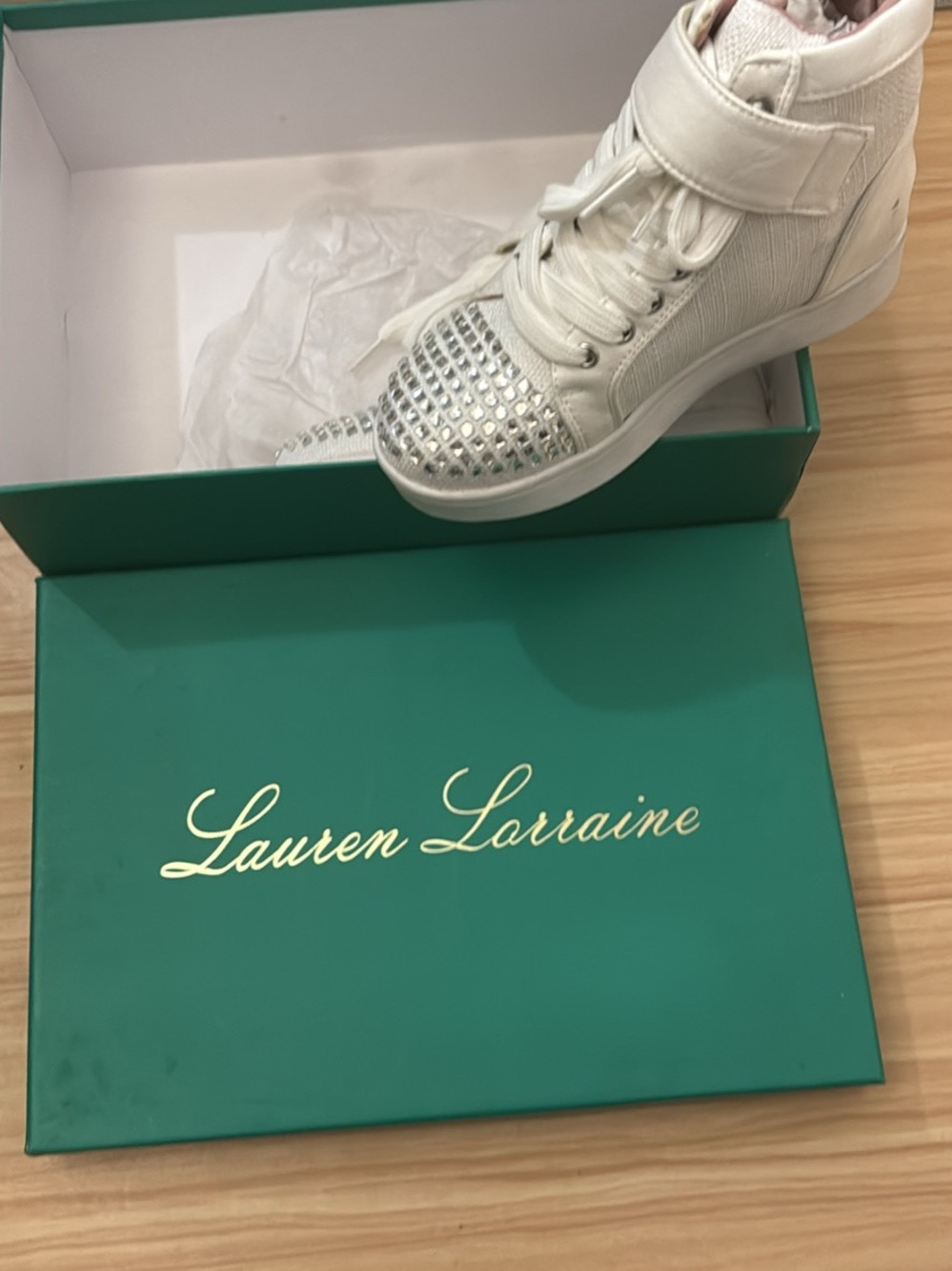 Lauren Lorraine White High-Top Sneakers with Crystal-Studded Toe Cap